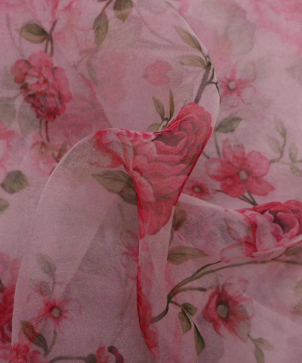 White Colour Floral Print Organza Fabric