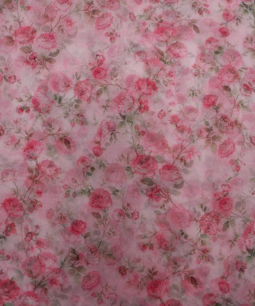 White Colour Floral Print Organza Fabric