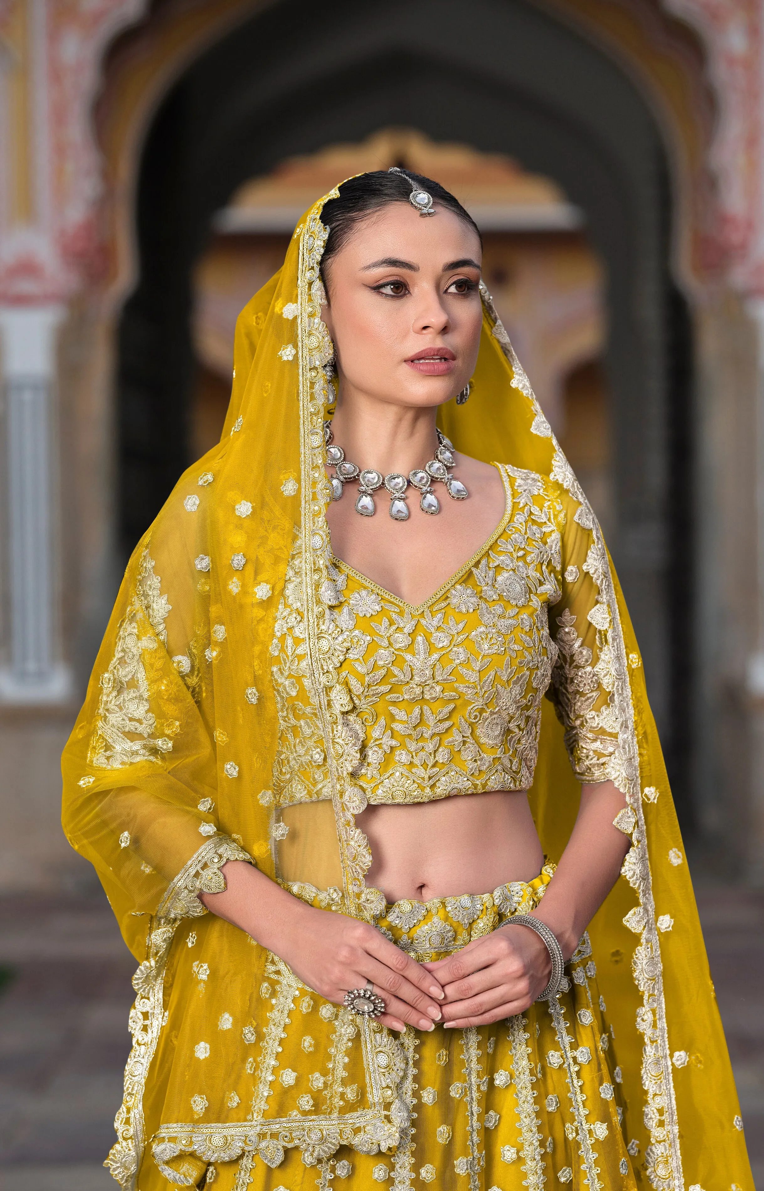 Yellow Embroidered Net Bridal Lehenga Choli