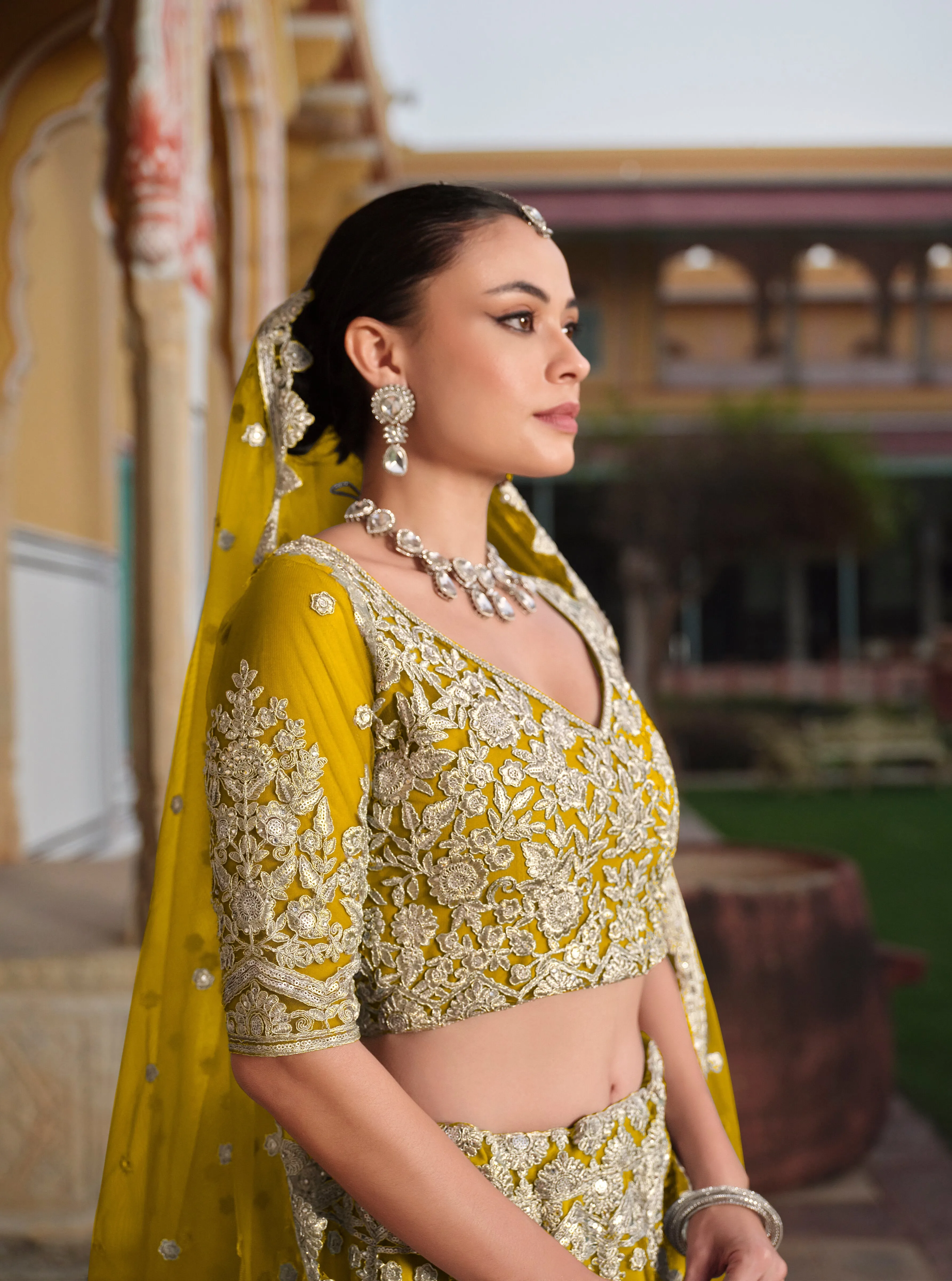 Yellow Embroidered Net Bridal Lehenga Choli