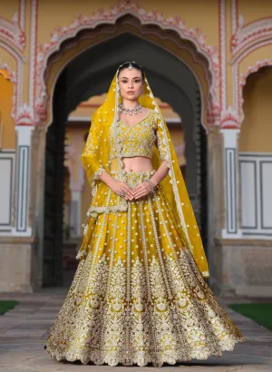 Yellow Embroidered Net Bridal Lehenga Choli